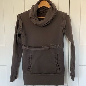 European Culture Royal Dye Cowl Neck Kangaroo Pocket Belted Brown Gray Pullover